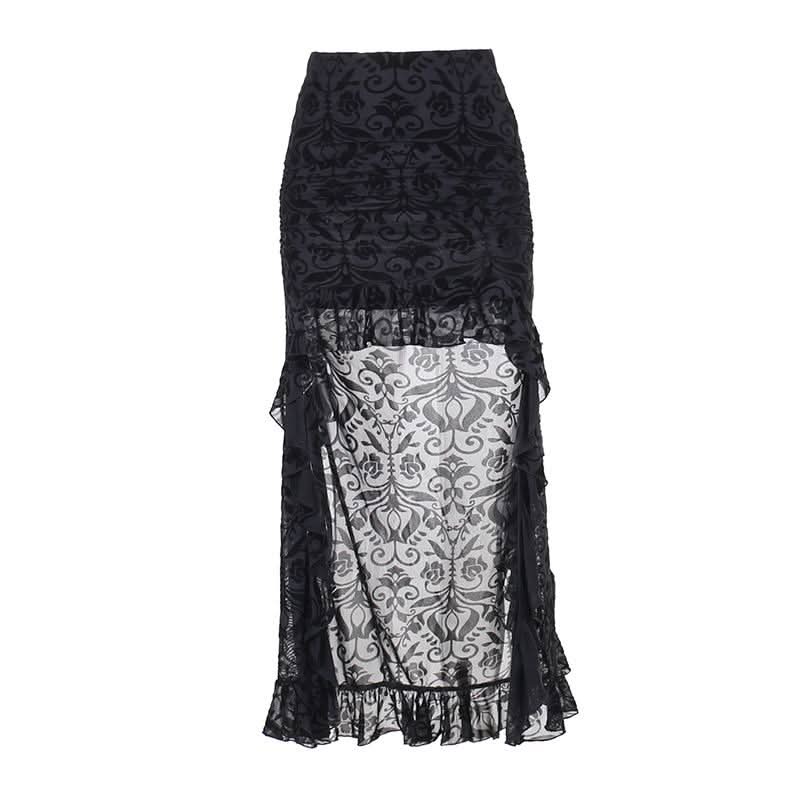 Irregular ruffle ruched print mesh mini skirt  | Festival Outfits Women