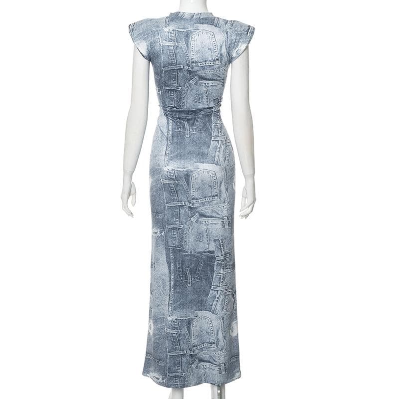 Cap sleeve crewneck denim print maxi dress  | Festival Outfits Women