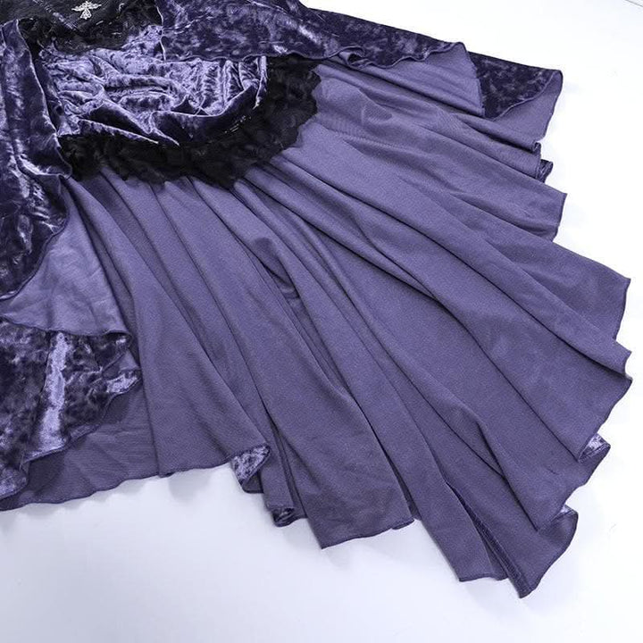 Velvet lace hem cross applique irregular v neck contrast midi dress | victorian gothic dresses-final-sale