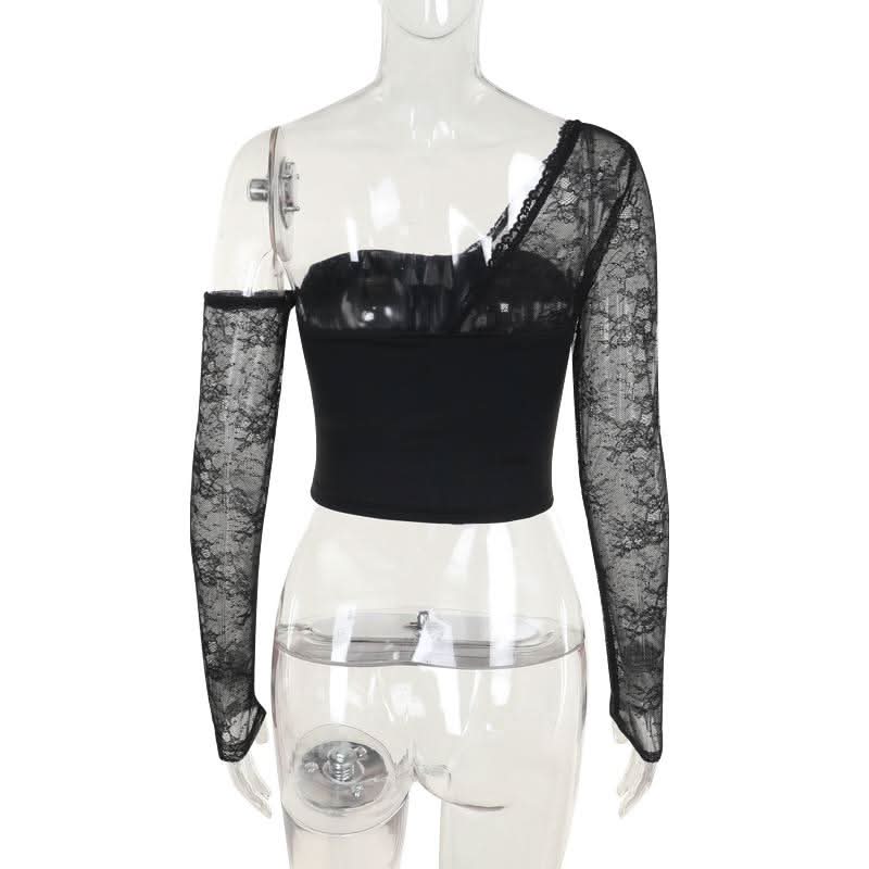 One shoulder long sleeve patchwork lace top  | Festival Outfits Women