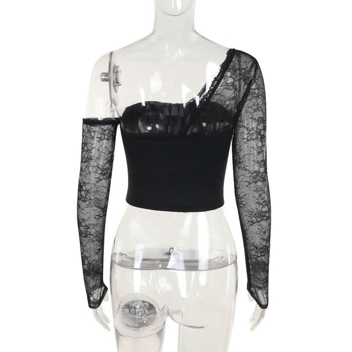 One shoulder long sleeve patchwork lace top  | Festival Outfits Women