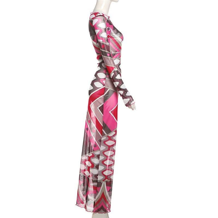 Long sleeve ruffle abstract mesh maxi dress-final-sale  | Festival Outfits Women