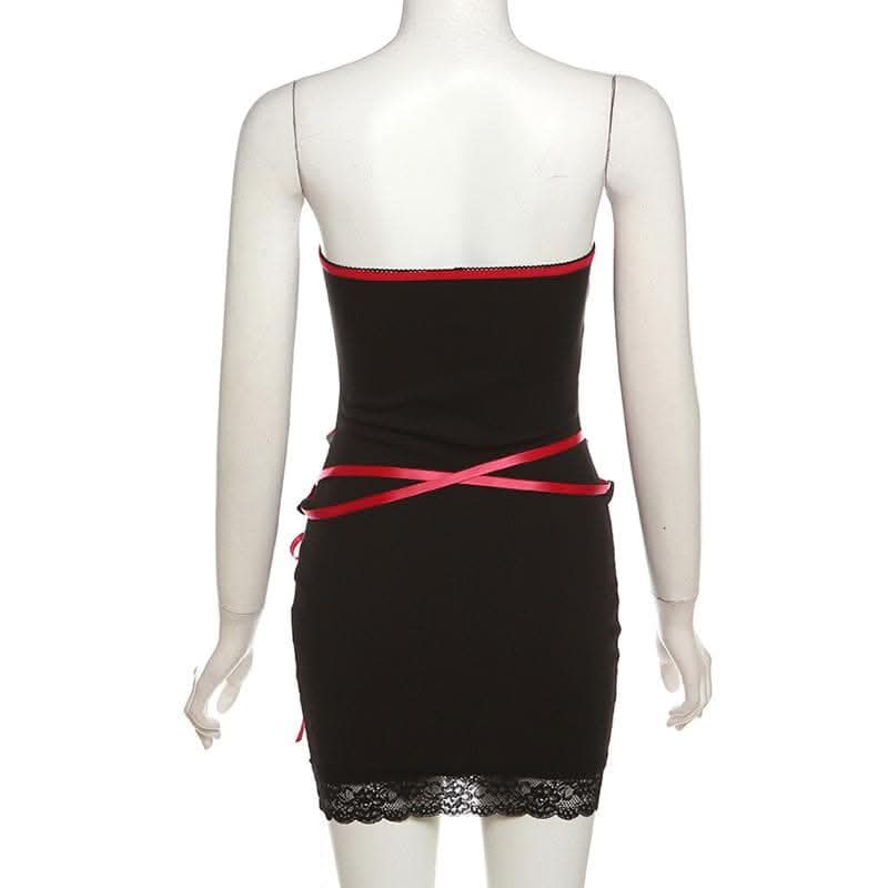 Lace up contrast lace hem bowknot backless tube mini dress-final-sale  | Festival Outfits Women