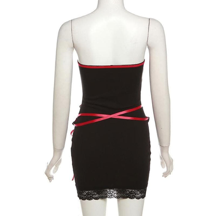 Lace up contrast lace hem bowknot backless tube mini dress-final-sale  | Festival Outfits Women