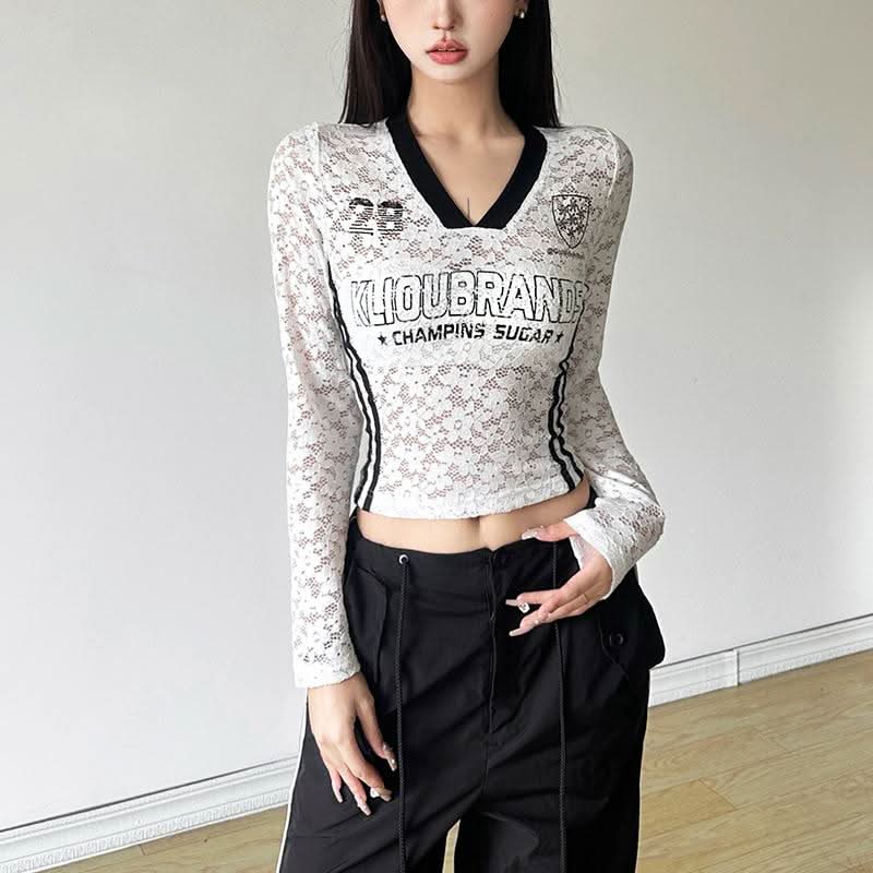 V neck long sleeve lace letter print see through top  | Festival Outfits Women