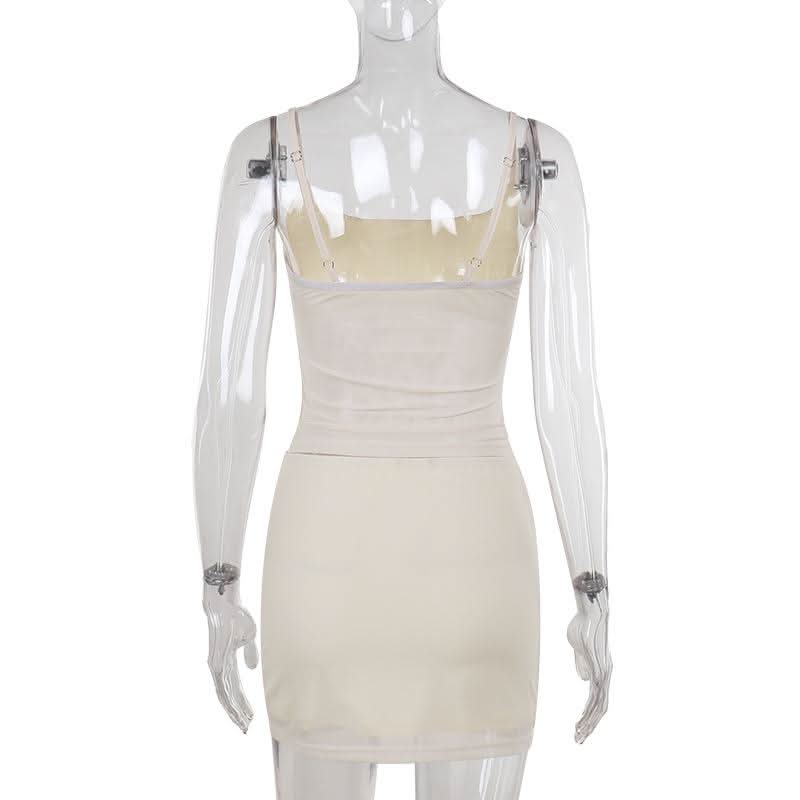 U neck beaded flower pattern mesh cami mini skirt set  | Festival Outfits Women