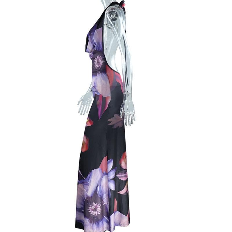 Halter cowl neck backless flower print maxi dress  | Festival Outfits Women