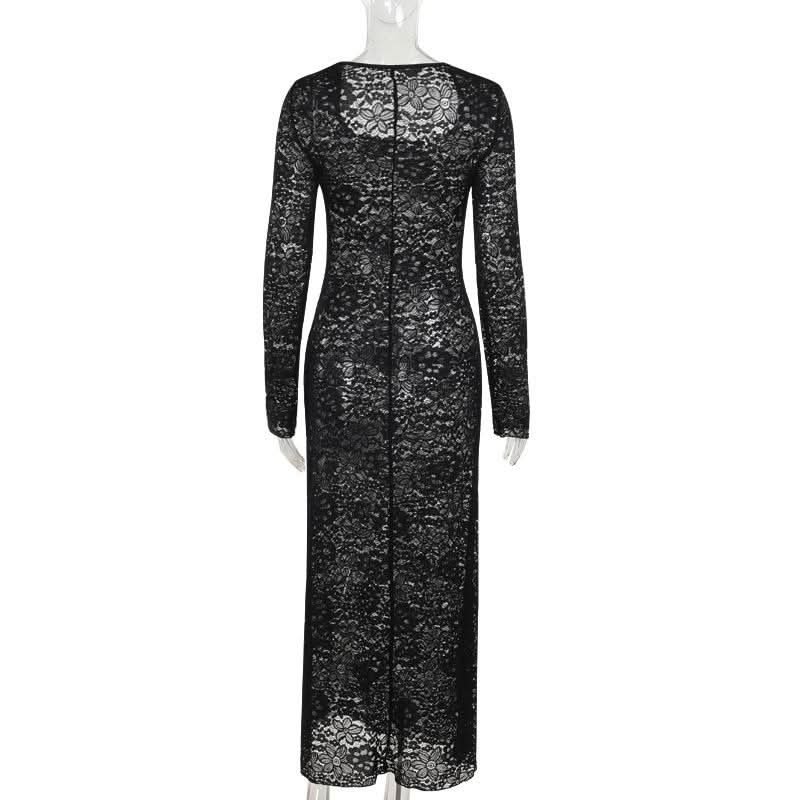 Long sleeve u neck lace slit maxi dress  | Festival Outfits Women