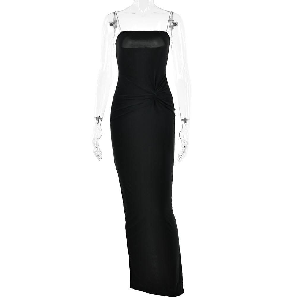 Metal chain square neck slit solid knotted maxi dress-final-sale  | Festival Outfits Women