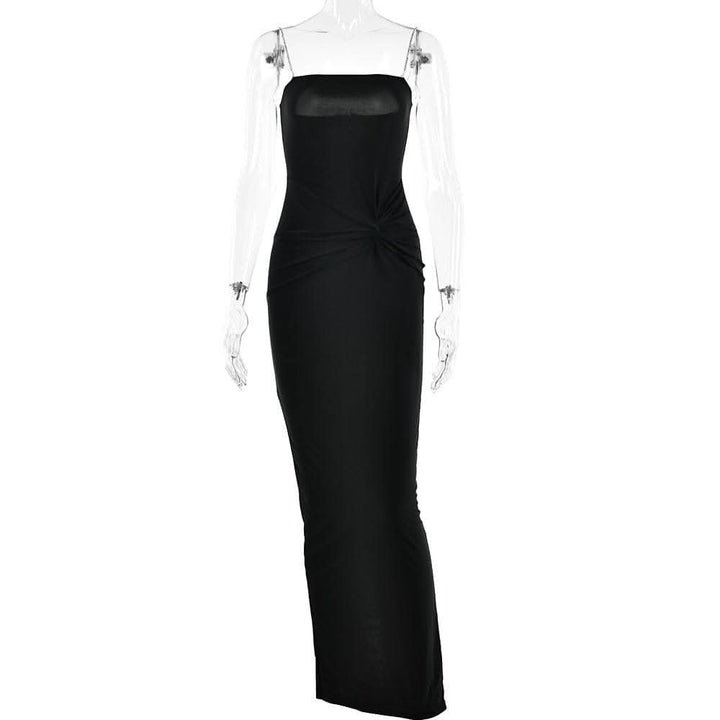 Metal chain square neck slit solid knotted maxi dress-final-sale  | Festival Outfits Women
