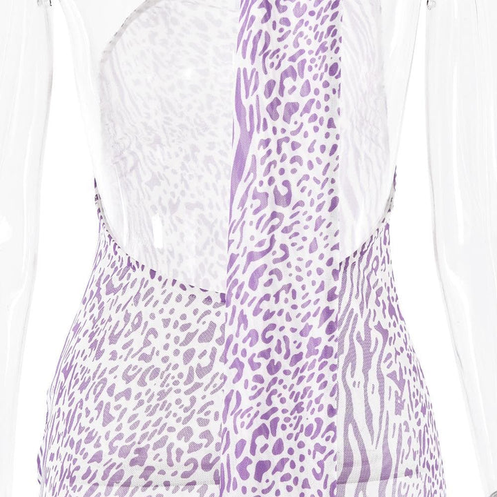 Halter one shoulder leopard print sheer mesh maxi dress  | Festival Outfits Women