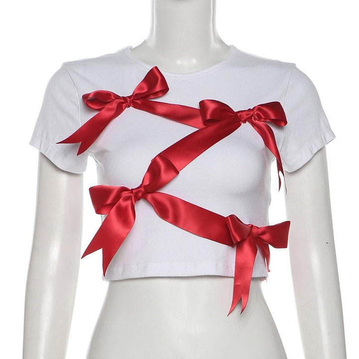 Takalmin ɗaukar kaya na gajeren hannu na bowknot crewneck | Kayan Biki na Mata