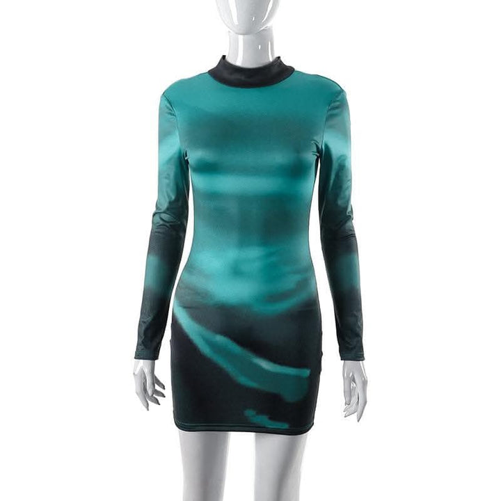 High neck long sleeve self tie backless gradient mini dress-final-sale  | Festival Outfits Women