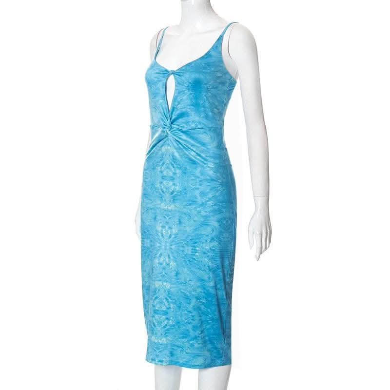 Ruched knotted slit print hollow out backless cami cut out midi dress-final-sale  | Festival Outfits Women