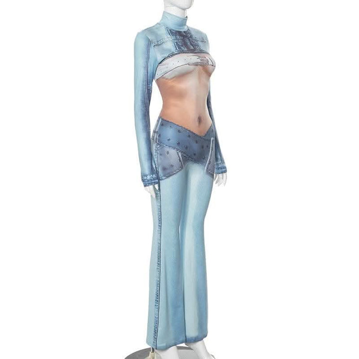 Long sleeve high neck body print zip-up contrast jumpsuit-final-sale  | Festival Outfits Women