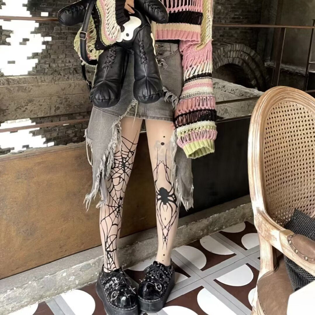 Spider web print sheer mesh halloween tights  | Festival Outfits Women