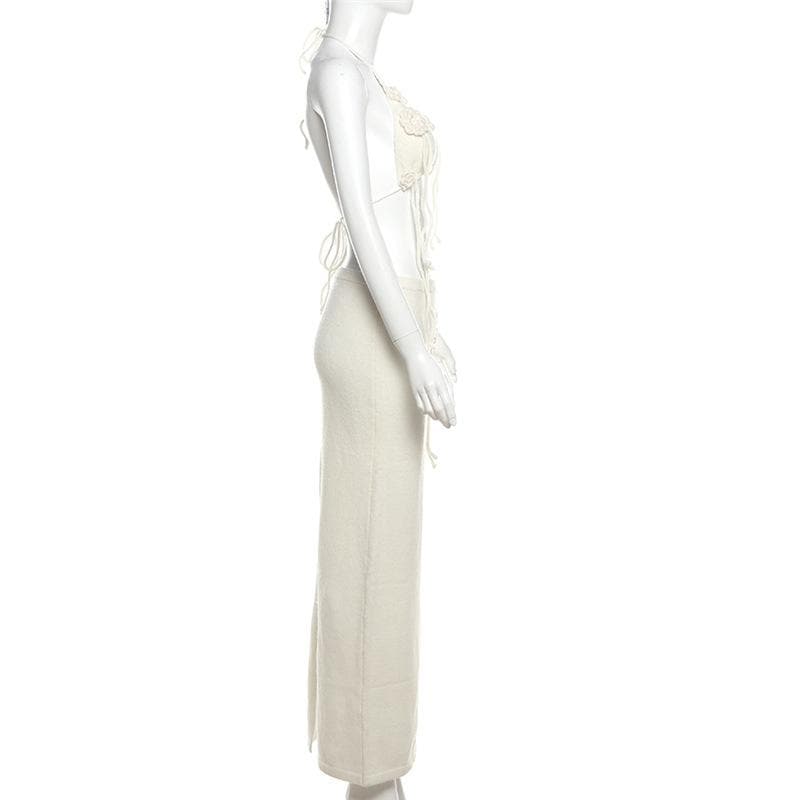 Halter self tie flower applique slit backless mini skirt set  | Festival Outfits Women