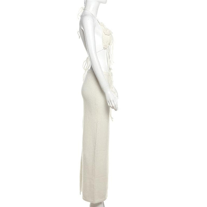Halter self tie flower applique slit backless mini skirt set  | Festival Outfits Women
