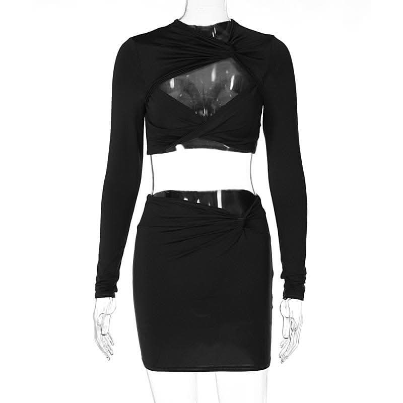 Knotted hollow out solid ruched long sleeve mini skirt set-final-sale  | Festival Outfits Women