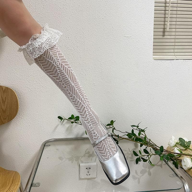 Sheer lace ruffle solid thigh high socks  | Festival Outfits Women