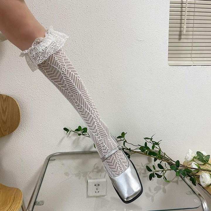 Sheer lace ruffle solid thigh high socks  | Festival Outfits Women