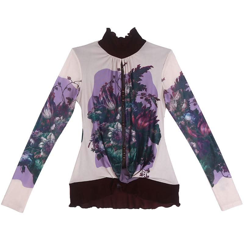 Long sleeve high neck ruffle beaded flower print top  | Festival Outfits Women