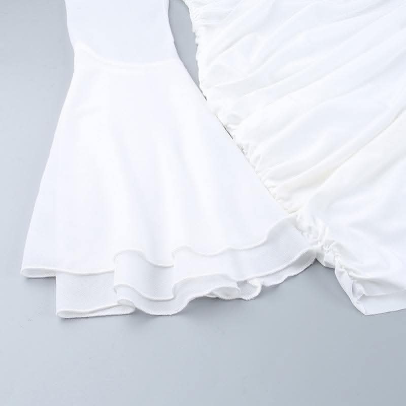 V neck long flared sleeve ruched irregular solid mini dress-final-sale  | Festival Outfits Women