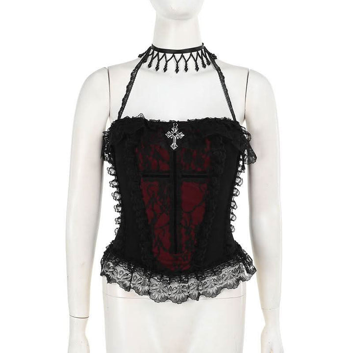 Halter lace hem cross pattern ruffle top  | Festival Outfits Women