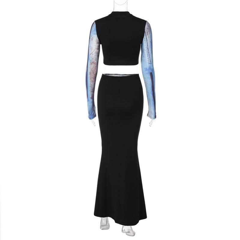 Contrast body print long sleeve high neck patchwork maxi skirt set-final-sale  | Festival Outfits Women
