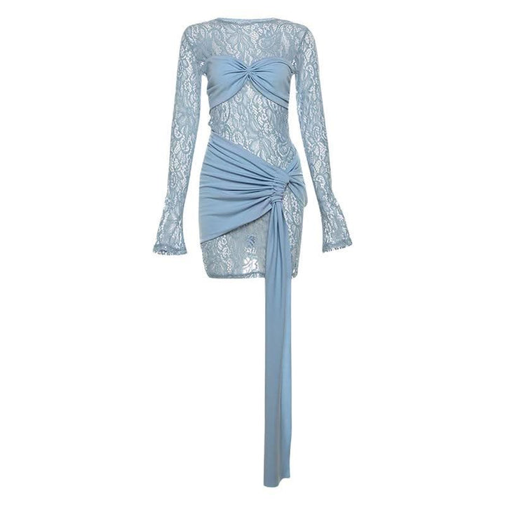 Long sleeve lace patchwork ruched mini dress  | Festival Outfits Women-final-sale