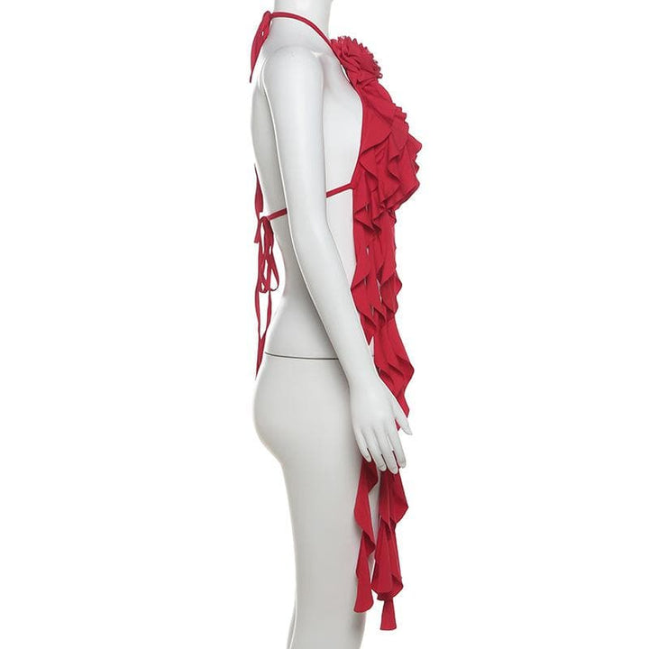 Halter flower applique ruffle backless top-final-sale