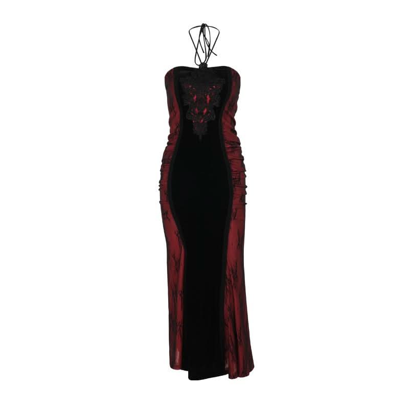 Halter embroidery ruched contrast maxi dress  | Festival Outfits Women-final-sale