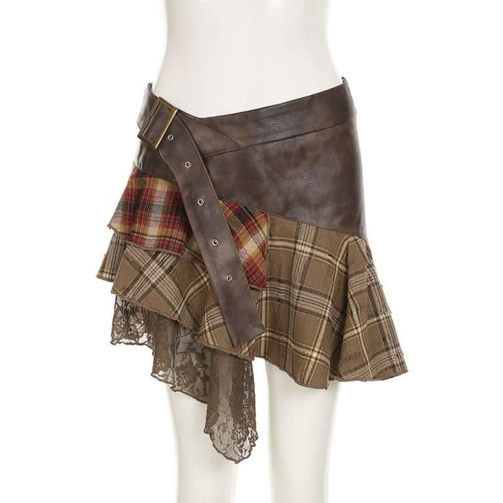 PU leather plaid patchwork belt lace hem mini skirt Cargo Mini Skirt  | Festival Outfits Women