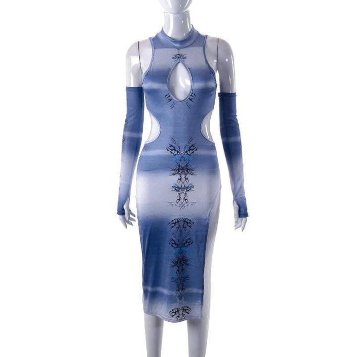 Contrast abstract print hollow out slit gloves cut out midi dress-final-sale  | Festival Outfits Women