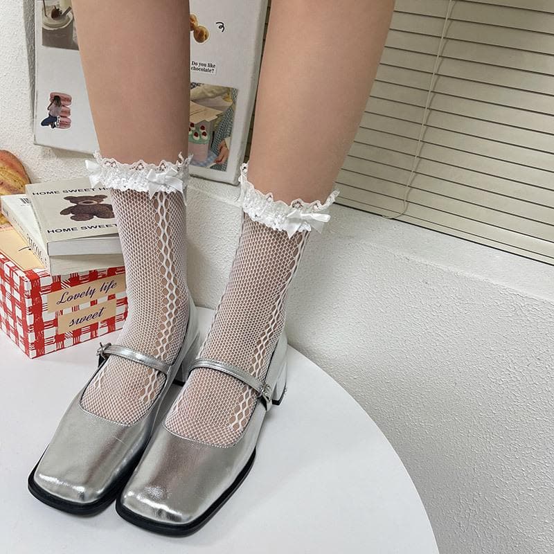 Bowknot lace hem side hollow out socks  | Festival Outfits Women