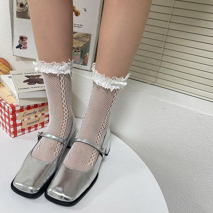 Bowknot lace hem side hollow out socks  | Festival Outfits Women