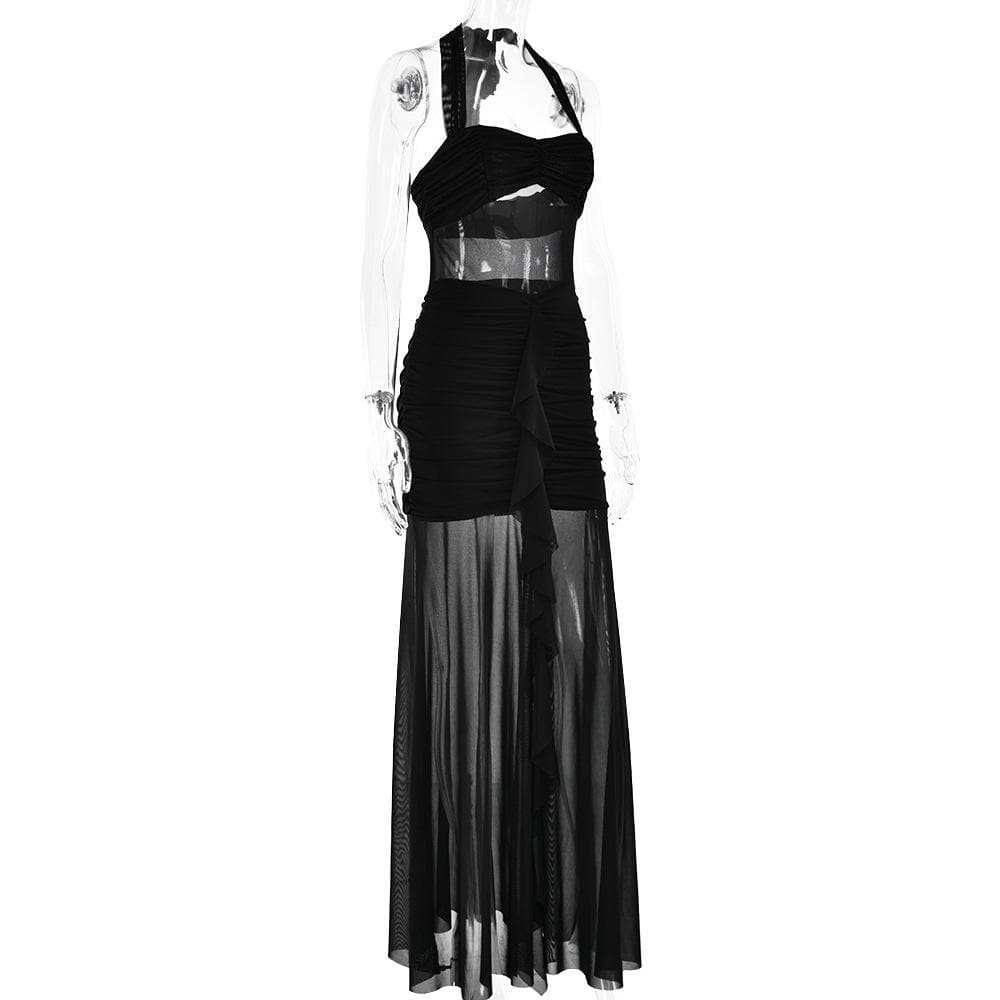 Halter patchwork mesh ruched ruffle maxi dress  | Festival Outfits Women
