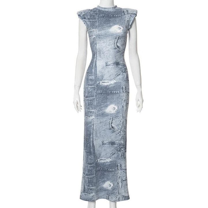 Cap sleeve crewneck denim print maxi dress  | Festival Outfits Women