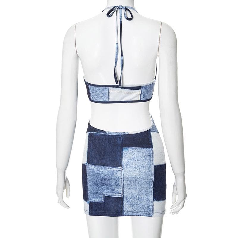Riga mai kama da na Halter patchwork denim hollow out cut out mini dress | Kayan Biki na Mata