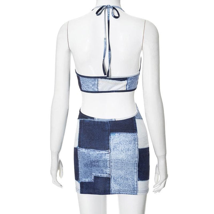 Riga mai kama da na Halter patchwork denim hollow out cut out mini dress | Kayan Biki na Mata