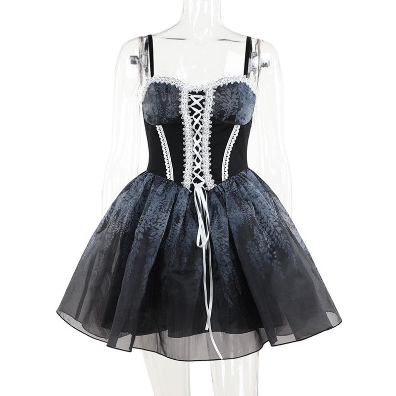 Riga mai laushi da aka yi da lace hem sweetheart, mai lace up print ruched cami mini dress | Kayan Biki na Mata