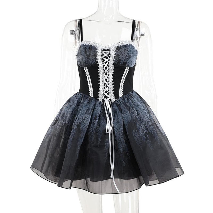 Riga mai laushi da aka yi da lace hem sweetheart, mai lace up print ruched cami mini dress | Kayan Biki na Mata