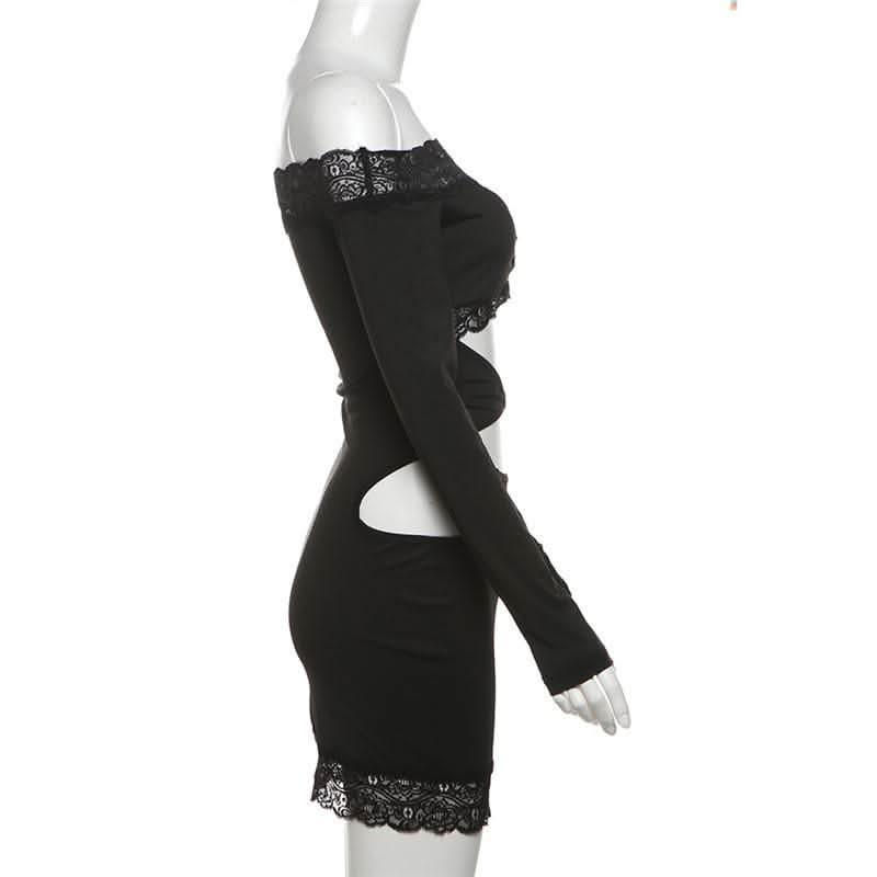 Long sleeve off shoulder lace hem hollow out cut out mini dress-final-sale  | Festival Outfits Women