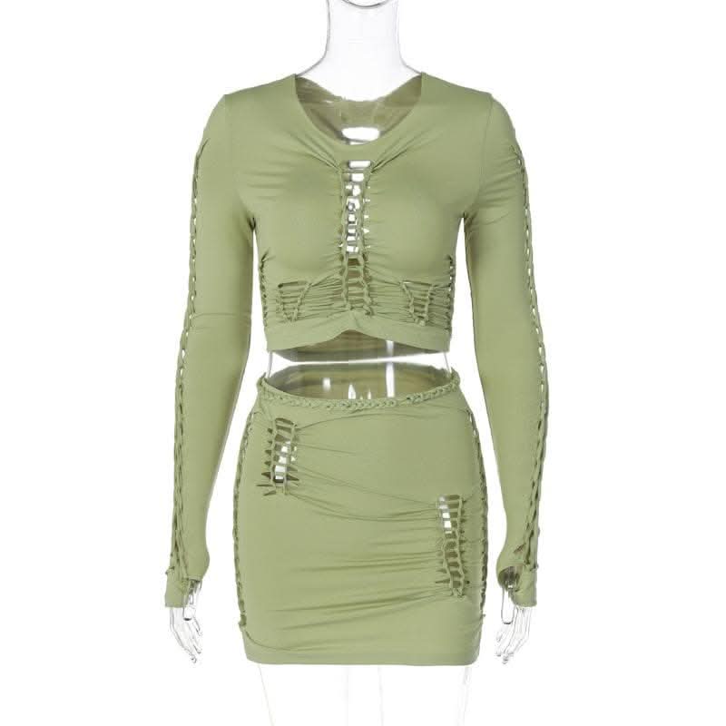 Long sleeve solid hollow out round neck ruched crop top skirt set-final-sale  | Festival Outfits Women