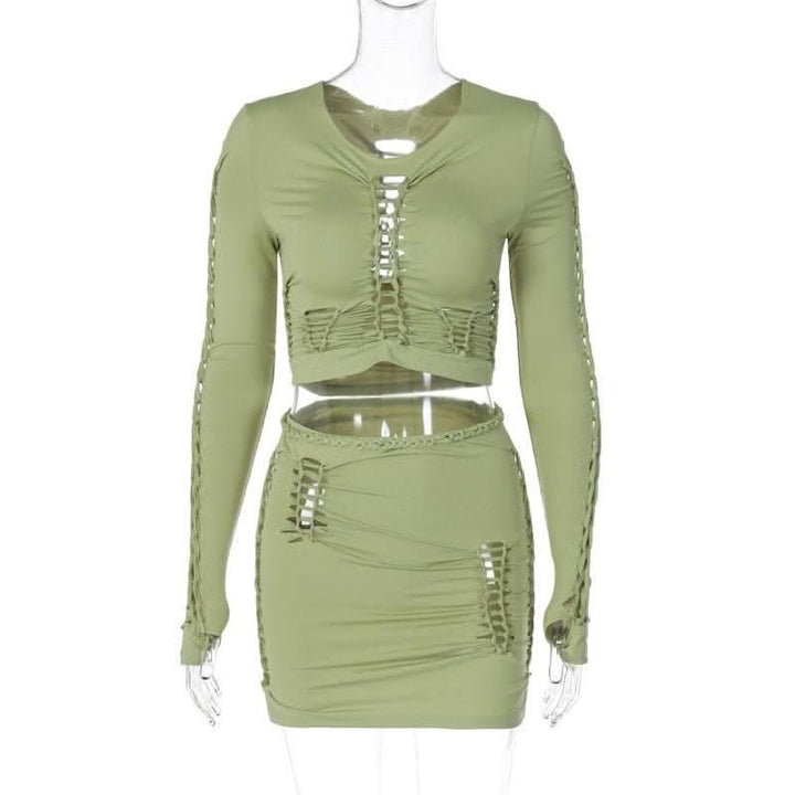 Long sleeve solid hollow out round neck ruched crop top skirt set-final-sale  | Festival Outfits Women