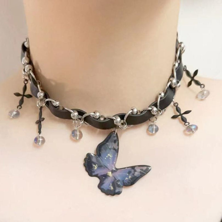 Butterfly PU leather beaded cross choker necklace  | Festival Outfits Women