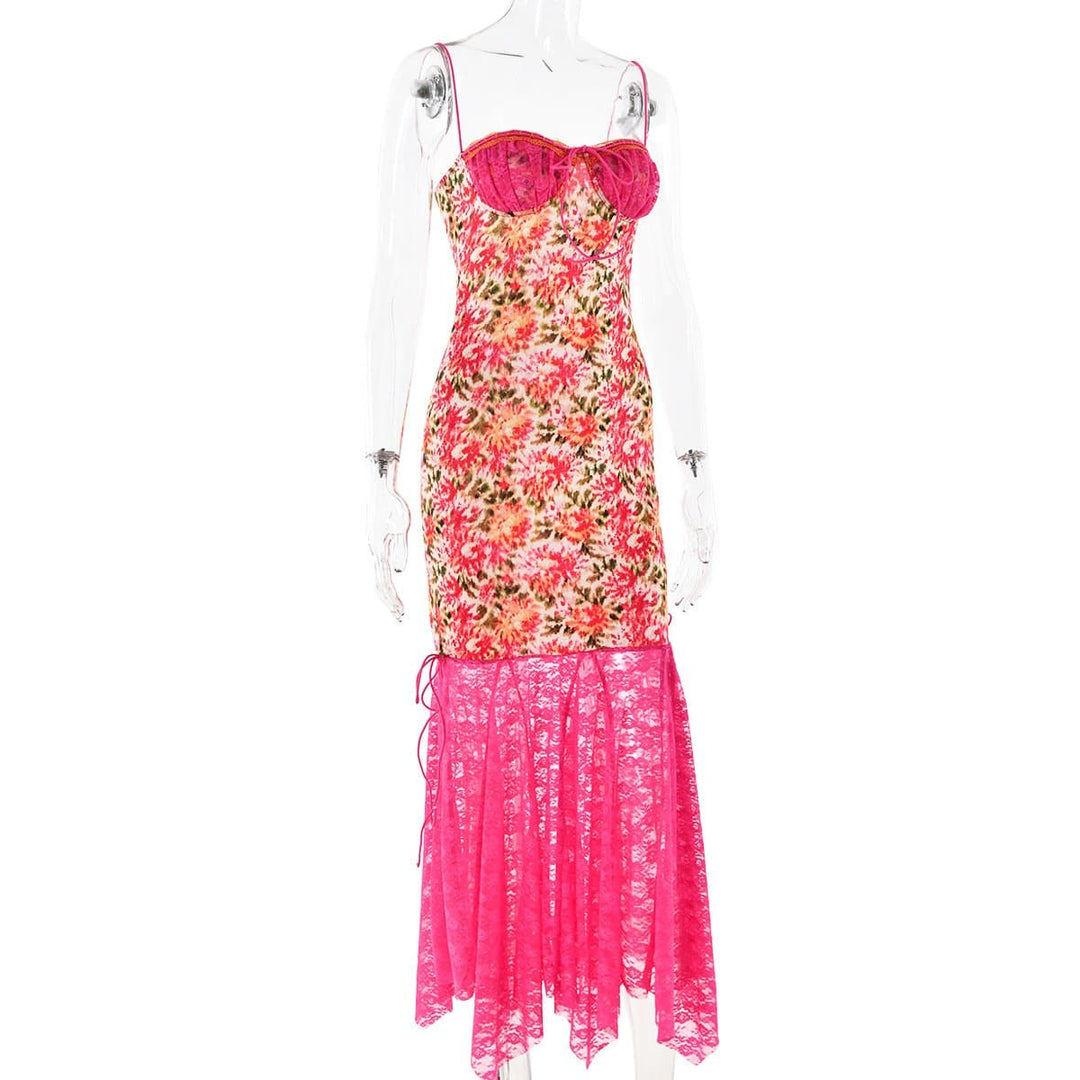 Lace patchwork ruffle knotted print cami midi dress  | Festival Outfits Women