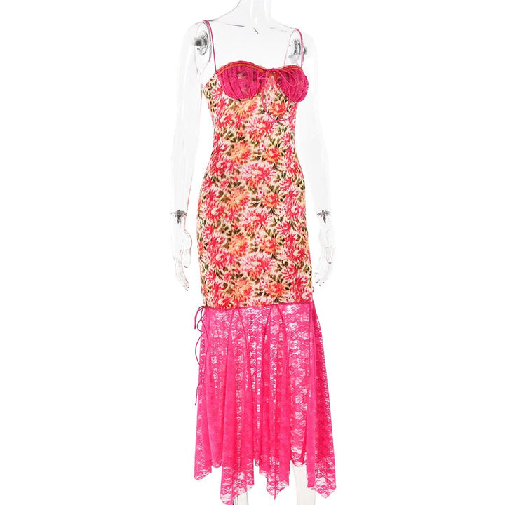 Lace patchwork ruffle knotted print cami midi dress  | Festival Outfits Women