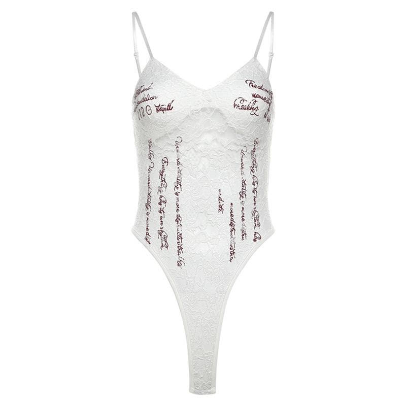 Lace v neck letter print button cami bodysuit  | Festival Outfits Women
