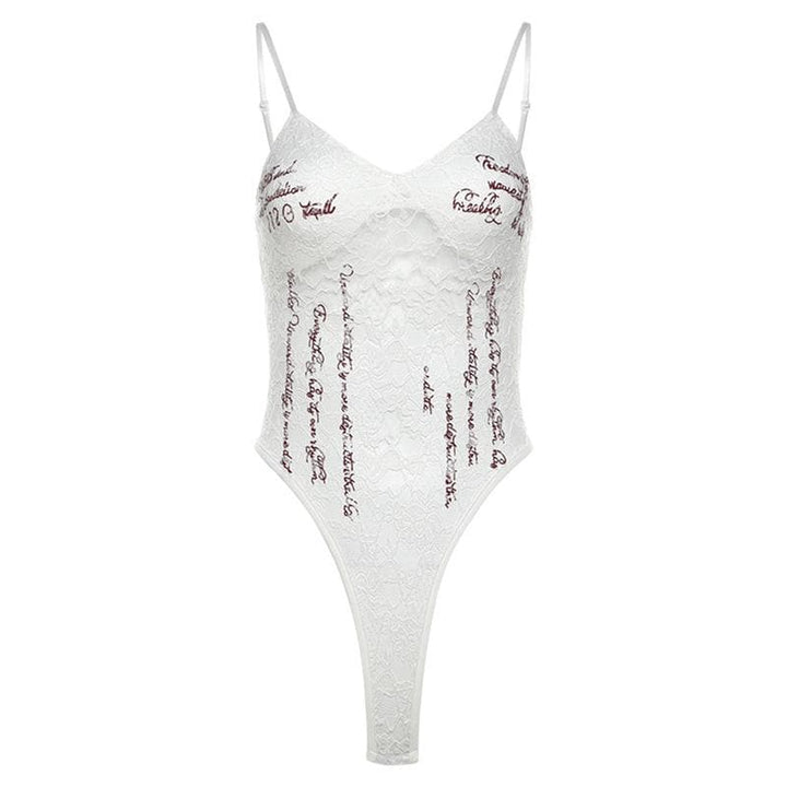 Lace v neck letter print button cami bodysuit  | Festival Outfits Women